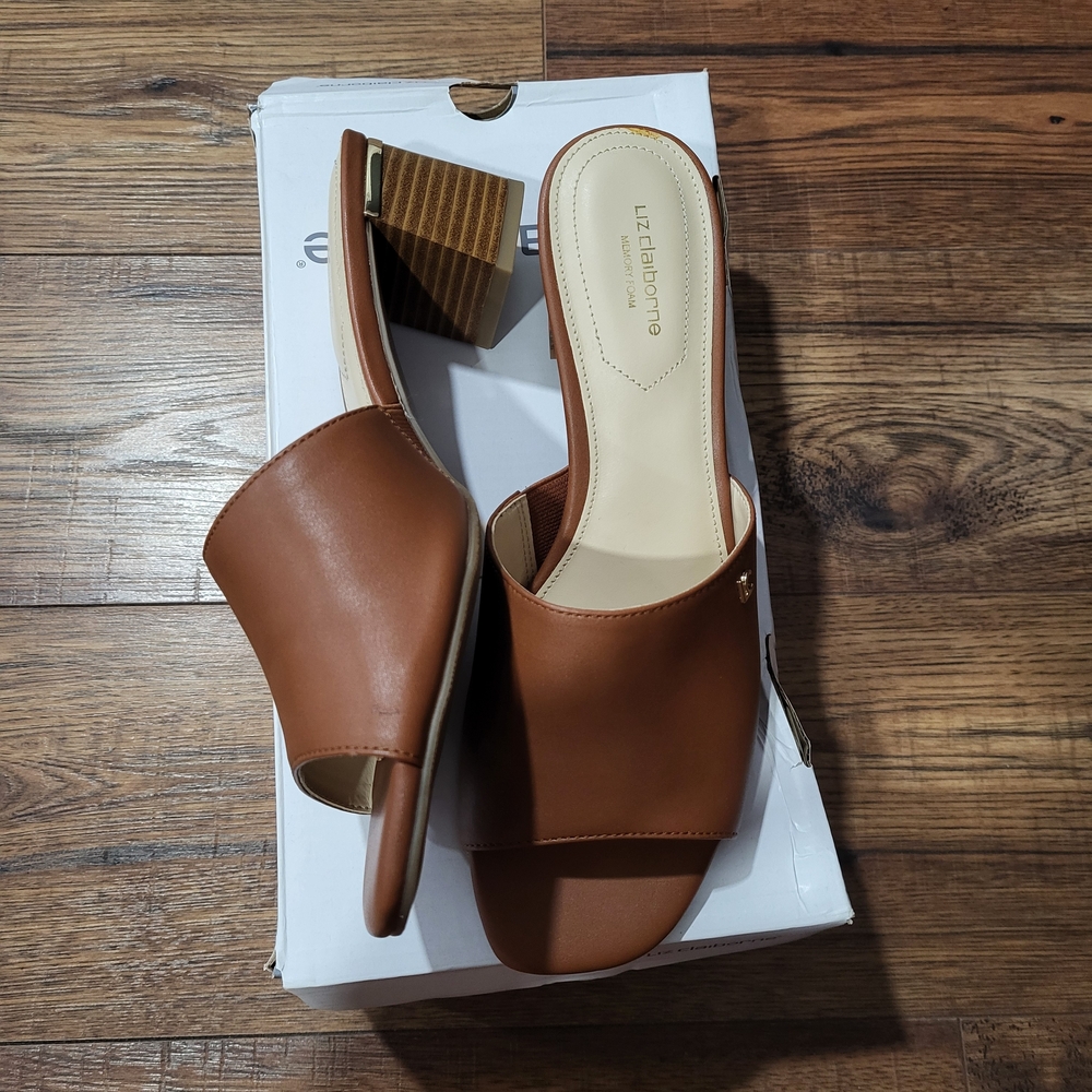 Liz Claiborne Brown Slide Sandals - Women's Open Toe Block Heel